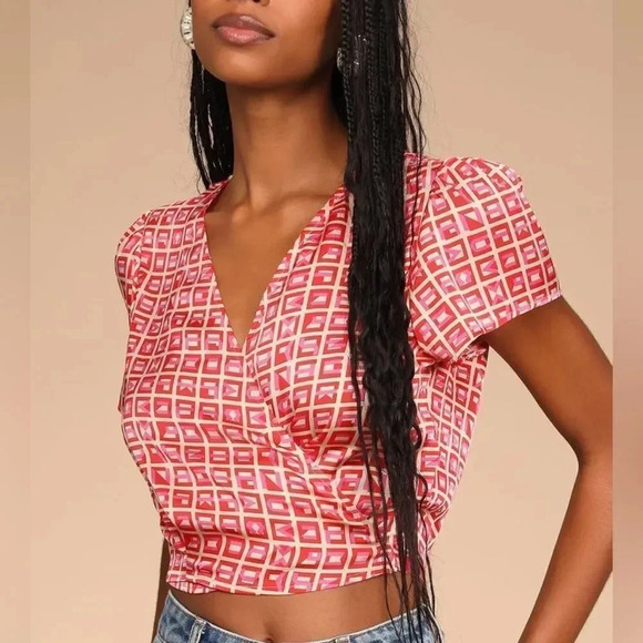 Lulus Red Multi Print Satin Short Sleeve Wrap Top - Picture 1 of 12